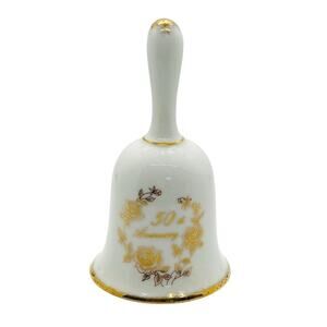 VTG Enesco 50th Golden Wedding Anniversary Porcelain‎ Bell White & Gold Floral